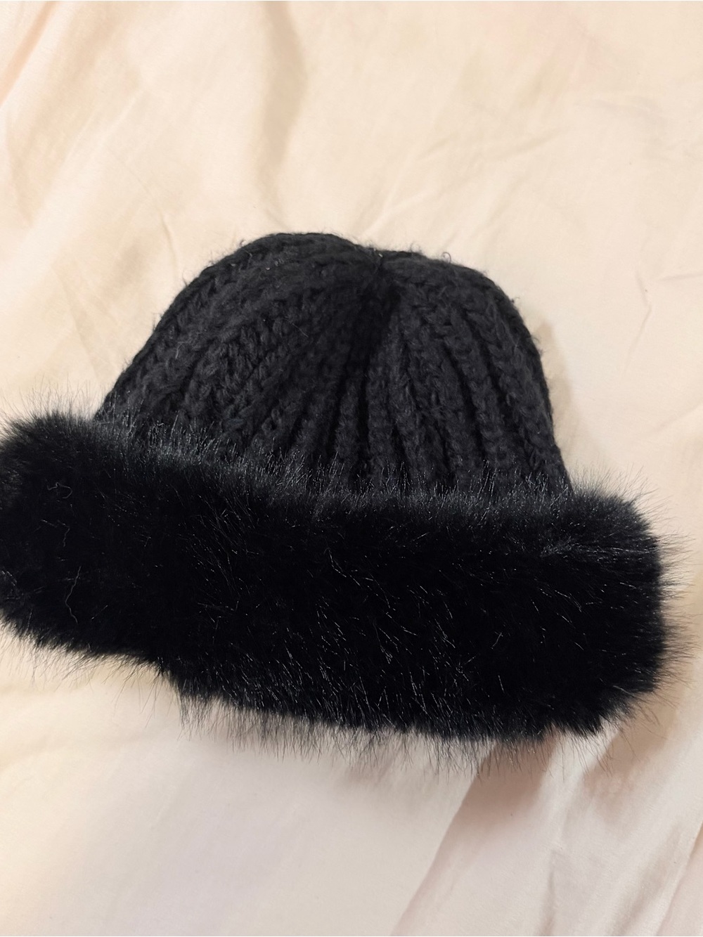 Anthropology Black Knit Beanie with Faux Fur Trim